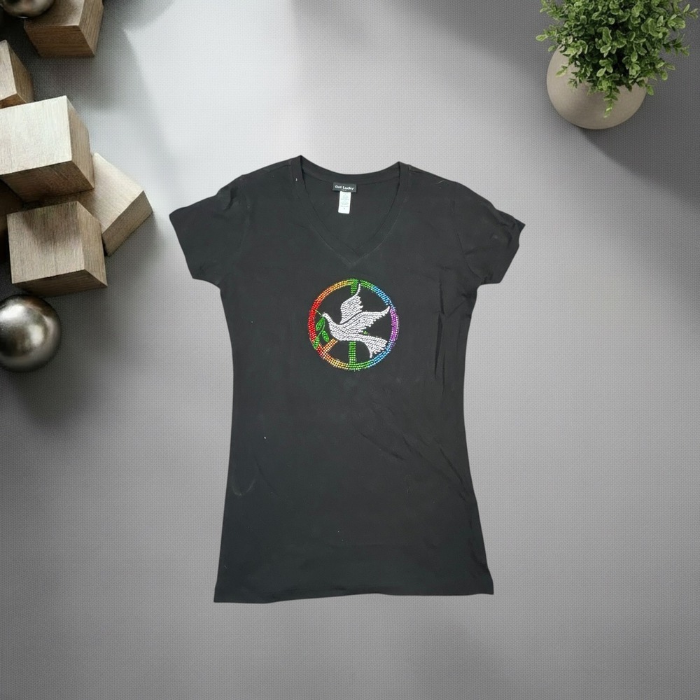 Get Lucky USA Y2K Rhinestone Peace Dove V-Neck T-Shirt Black Large 1318